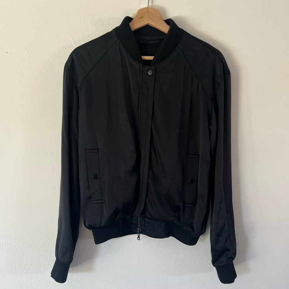 Alexander Wang Satin Full Zip Lightweight Black Bomber Jacket